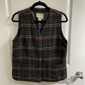 VINTAGE Eddie Bauer Wool Green, Gold & Burgundy Plaid Vest